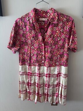 Marni Pink Floral & Plaid Mix Short Sleeve Shirt Dress